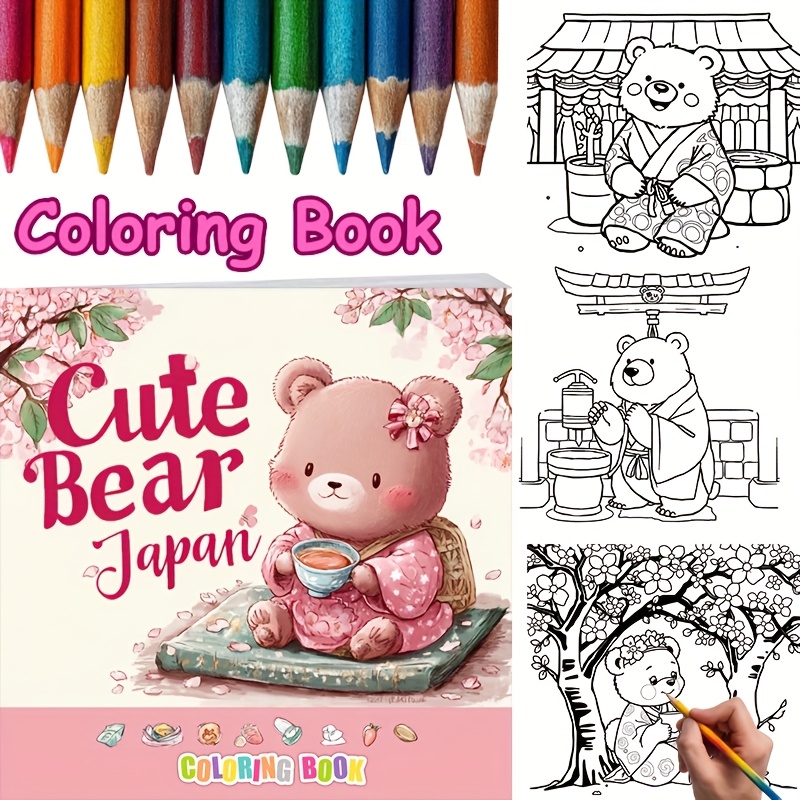 Adult Coloring Book Stress Relief - 28-seitiger süßer Bär in Japan, Malbuch