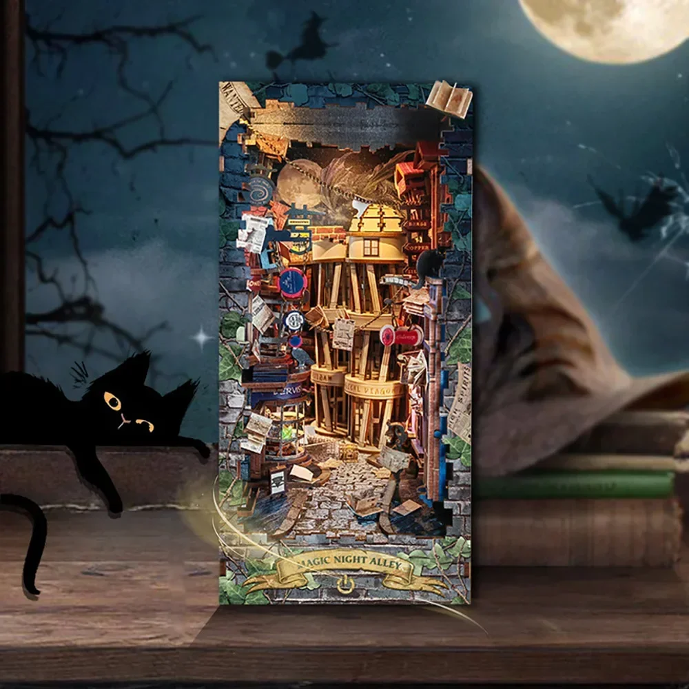 Diy Wooden Book Nook Kit Shelf Insert - Retro DIY Magic Night Alley Holzbuchecke